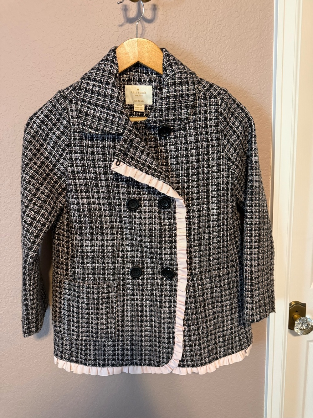 kate spade Black & White Tweed Peacoat with Pink Ruffle Trim